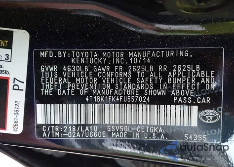 2015 Toyota Camry Xle V6 from USA, damaged, VIN 4T1BK1FK4FU557024